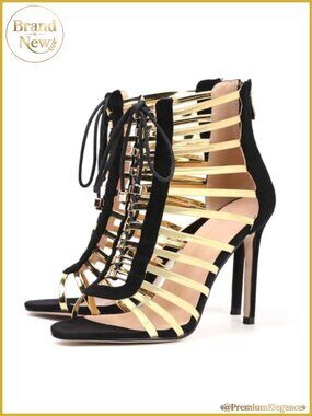 Women's Gold Cage Stiletto Heels Lace Up Strappy Party Dress Shoes